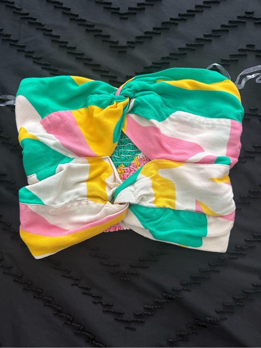 Striped Twist-Front Crop Tube Top in Teal, Pink & Yellow